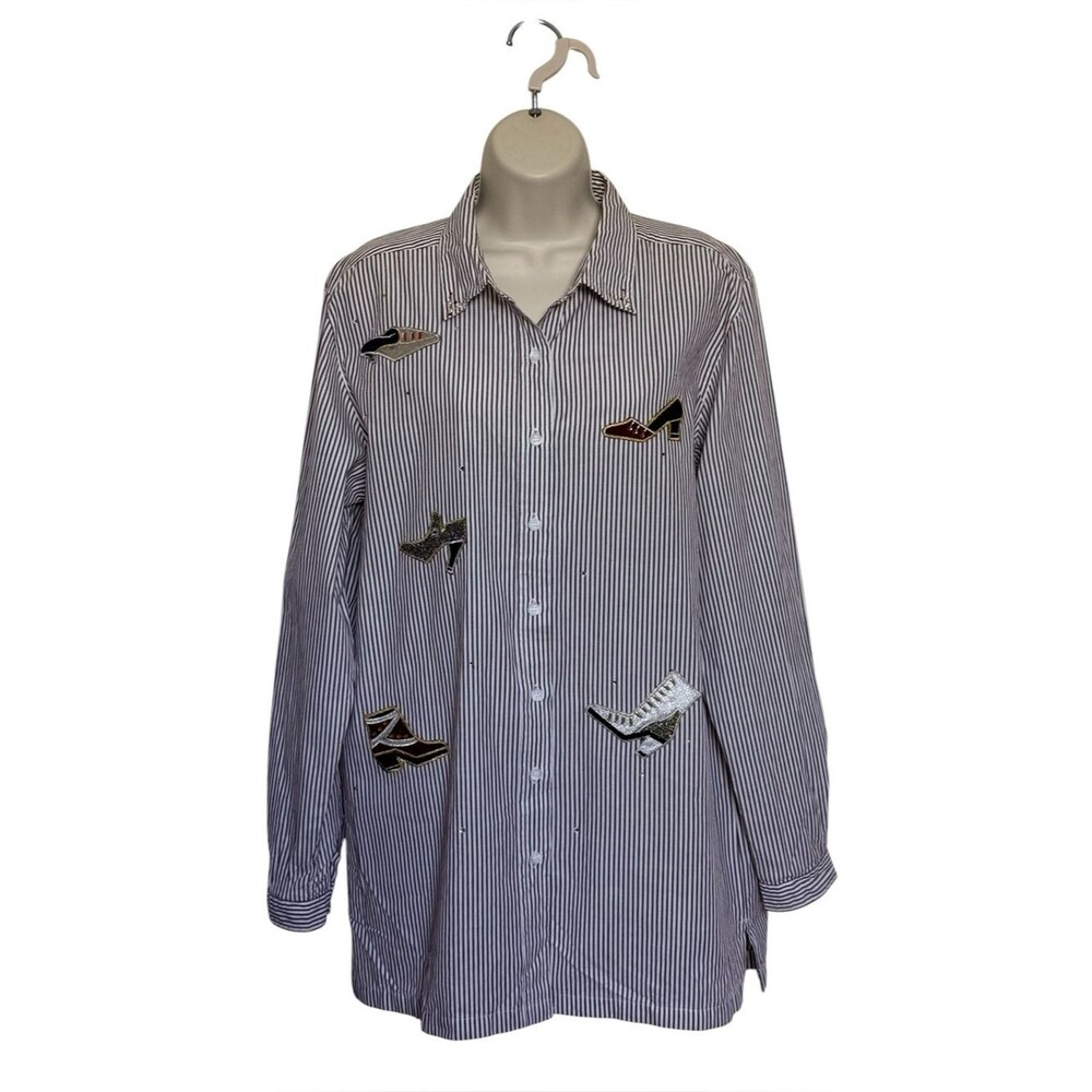 Bobbie Brooks Shoe Applique Cotton Striped Button Down Long Sleeve Shirt Size M